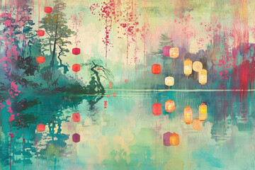 Serene Lakeside Lantern Scene, spring art