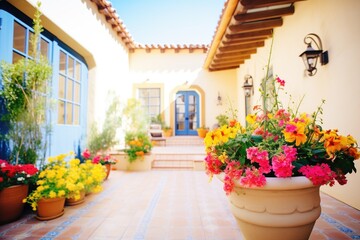 bright flowers lining a mediterraneanstyle courtyard