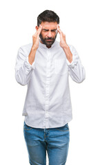 Adult hispanic man over isolated background with hand on head for pain in head because stress....