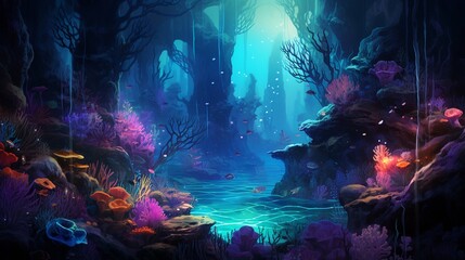 An ethereal underwater garden teeming with bioluminescent marine plants, vibrant corals, and mystical sea creatures - Generative AI