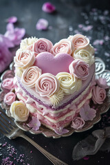 Beautiful cake in shape of heart decorated with roses for valentine or birthday