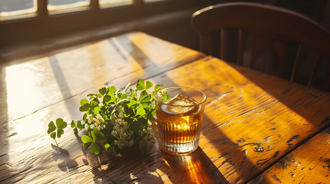 Product photograph of Whisky rock glass on a irish pub wooden table with clover bouquet in the center. Green color palette. Drinks. St. Patrick's . Friends 