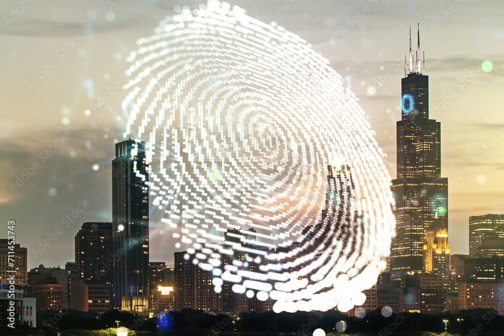 Poster Multi exposure of virtual graphic fingerprint sketch on Chicago cityscape background fingerprint scan data concept