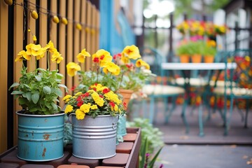 Fototapeta na wymiar metal container gardens with colorful flowers on patio