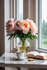 Peach color peony flowers in transparent vase and cup of coffee esthetic view