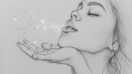 Illustration, female, opening her hand to release glowing fireflies.