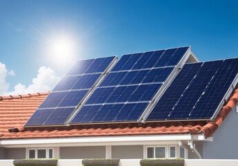 Solar panel installer installing solar panels on roof of modern house
