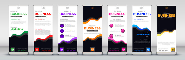 business Roll Up Standee Design for Banner Template, Presentation, and events in red, green, blue, yellow, orange, purple, pink - obrazy, fototapety, plakaty