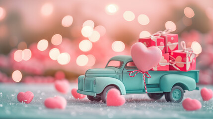 Truck miniature loaded with romantic gift boxes and hearts in valentine atmosphere. Light pink and cyan colors. Valentine concept.  Love and women's day background	