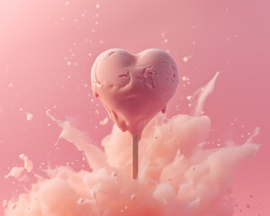 Pink ice cream on stick shaped like heart melting on pink background. Minimal Valentine idea.  Love and women's day background	