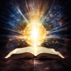 Open book on dark background with an abstract illustration of divine light coming out of it.