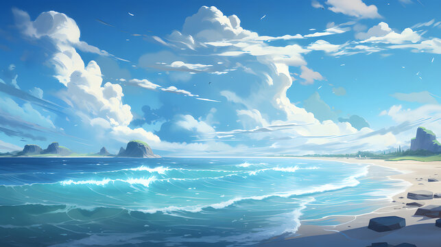 beach illustration background with clouds in summer