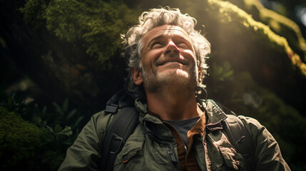 Elderly man with a backpack hiking in the mountains