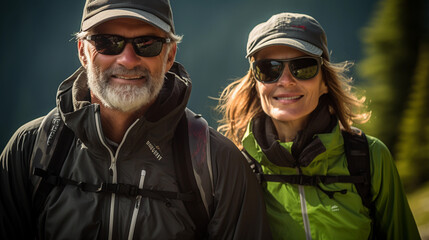 A couple of middle-aged tourists with a backpack on a hike in the mountains