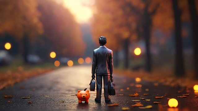 The street is home to a tiny figurine embodying the image of a business professional.