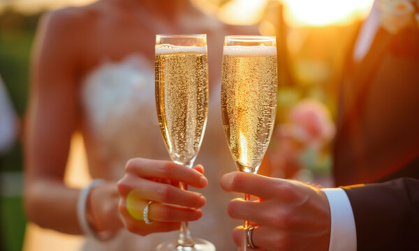 Wedding Toast with Champagne at Sunset.