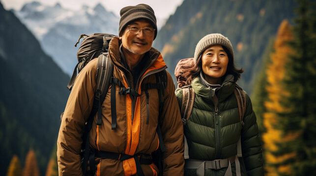 A couple of middle-aged tourists with a backpack on a hike in the mountains