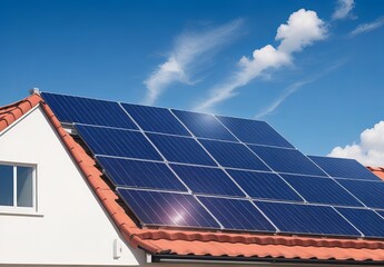Fototapeta premium Solar panel installer installing solar panels on roof of modern house 