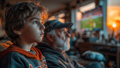 Grandfather and grandson are watching movie at home. - obrazy, fototapety, plakaty