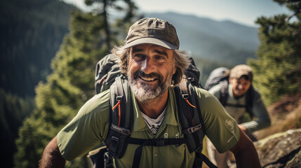 Fototapeta premium Elderly man with a backpack hiking in the mountains