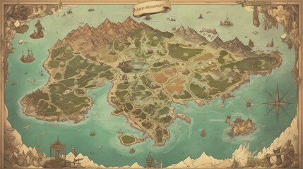 An intricate and sprawling fantasy world map detailing diverse continents, landscapes, and mythical realms - Generative AI