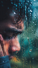 Raindrops on a Window, with a Man in the Background Covering His Face and Crying, Capturing a Moment of Intense Emotion and Reflection