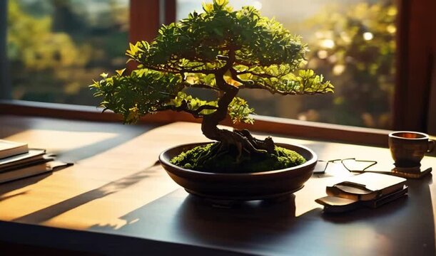 As the sunlight streams through the window, it illuminates the bonsai plant on the office table, casting shadows and highlighting its unique features, 