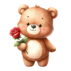 Watercolor cute bear holding a rose. Romantic animal. Valentine's element clipart. 