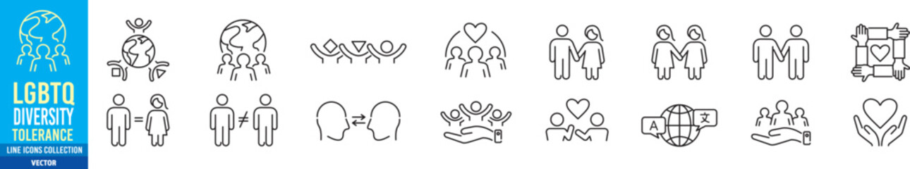 Diversity, Tolerance, LGBTQ, Equality, Belonging editable stroke icon set collection illustration Vector 