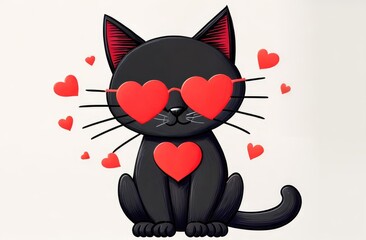 A black kitten with red heart-shaped glasses. Cartoon Illustration. Valentine's Day, love. Postcard.