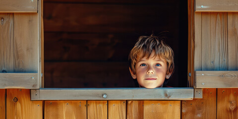 Cheerful Child at Rustic Window.  Smiling boy at an old wooden window in countryside, embodying youthful joy.