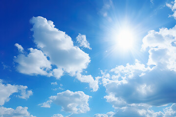 Naklejka na ściany i meble Blue sky background with tiny clouds and sun. Beautiful nature scene. Generative Ai