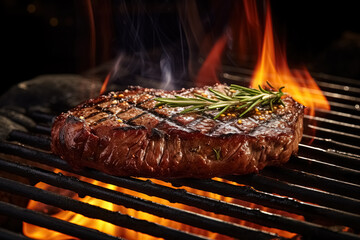 Fototapeta na wymiar Grilled beef steak with rosemary and flames on the background. Generative Ai