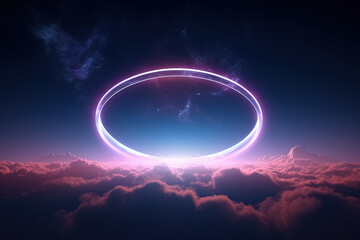 Glowing circle in the clouds, neon lights. Generative Ai