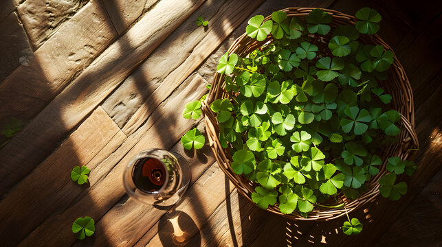 Product photograph of Wine glass in a basket full of green clovers on a wooden floor. Green color palette. Drinks. St. Patrick's . Friends 