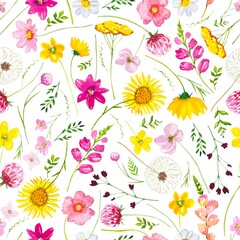 Seamless floral pattern with meadow flowers. Watercolor