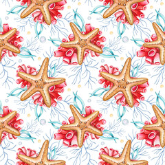 Sea seamless pattern with watercolor starfish, algae, corals