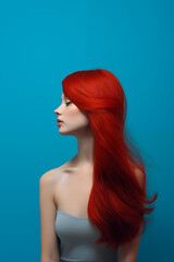 Mulher modelo de cabelo vermelho isolada no fundo azul pastel