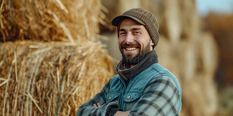 Naklejka na ściany i meble Cheerful Farmer by Haystacks. Portrait of a happy male farmer standing against hay bales, wearing a hat and plaid shirt, copy space.