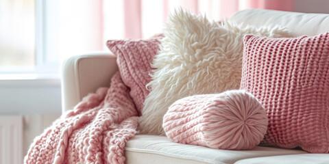 Cozy Home Comfort with Pink and White Bedding. Comfortable bed with pink and white fluffy pillows and a textured throw blanket, inviting relaxation.