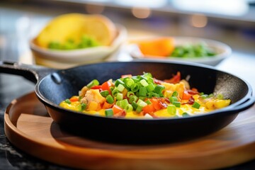 omelette with diced vegetables and cheddar cheese on a skillet - Powered by Adobe