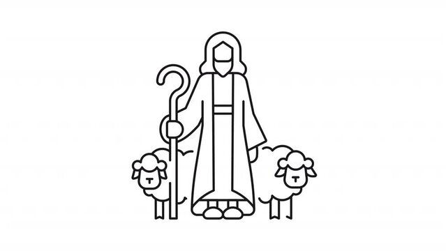 Shepherd line animation. Jesus Christ and sheep animated icon. New testament. Biblical scene. Guidance and care. Black illustration on white background. HD video with alpha channel. Motion graphic