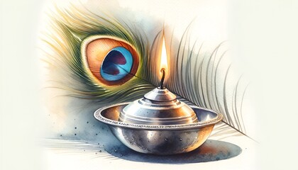 Obraz premium Watercolor illustration with silver oil lamp and peacock feather for thaipusam celebration.