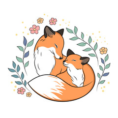 Mother fox hugging a baby fox with her tail. Mother day card. Cute vector drawing with animal characters.