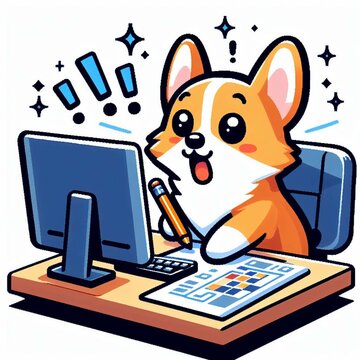 An icon of a Corgi dog typing on a computer with a surprised expression, on a white background, drawn in pixels.






