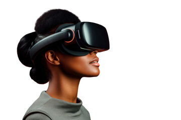 Portrait of African American woman using virtual reality headset, isolated on white background