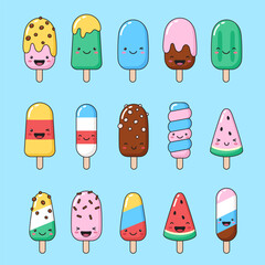 Set of simple smiling ice cream, eskimo, popsicle illustrations. Summer, dessert with face, cute vector cartoon drawings. 