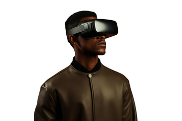 Obraz premium A black man using virtual reality headset, isolated on transparent background