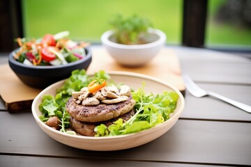 mushroom swiss burger with a side salad on a clay dish