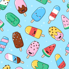 Simple smiling ice cream, eskimo, popsicle seamless pattern. Summer, dessert with face, cute vector cartoon backgroundice cream with faces pattern